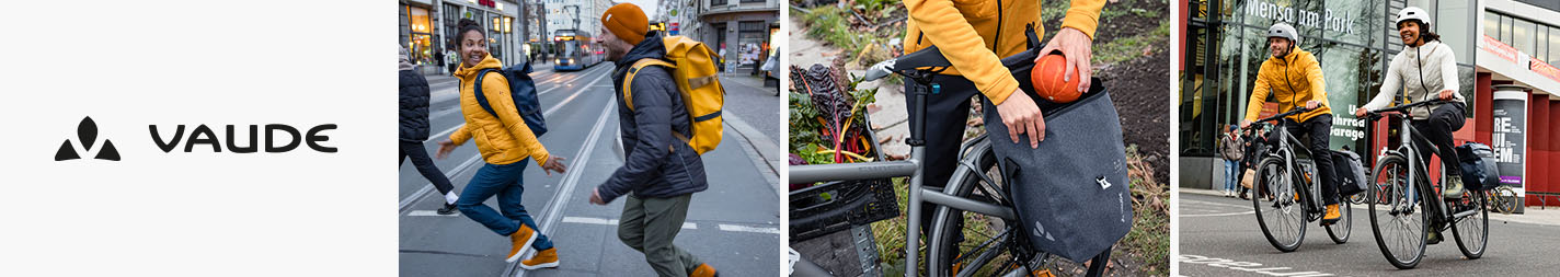 Mehrere Menschen mit Vaude Daypacks/ Rolltoppacks und Vaude Fahrradtaschen